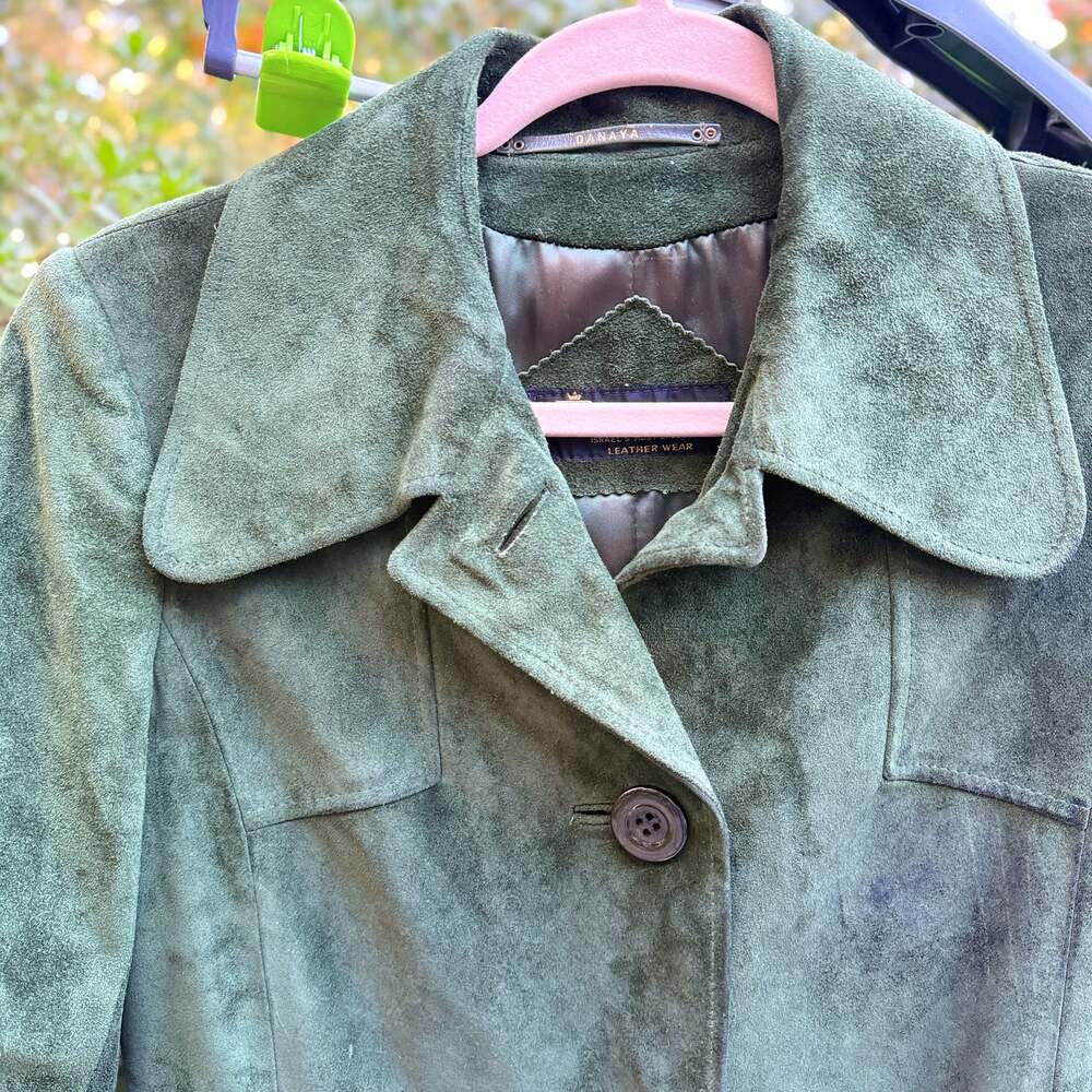 Vintage Green Suede Leather Belted Trench Coat - Picture 3 of 4
